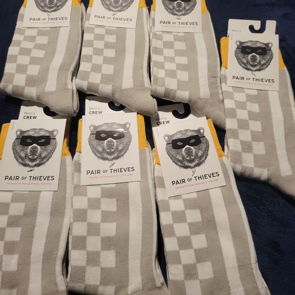7-Pairs - Men's Pair of Thieves Gray/White/Yellow Crew Socks - Size 8-12 *NEW*